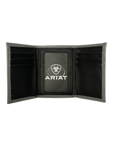 Ariat A3542404 Mens Trifold Logo Wallet Grey And Red inside view. If you need any assistance with this item or the purchase of this item please call us at five six one seven four eight eight eight zero one Monday through Saturday 10:00a.m EST to 8:00 p.m EST