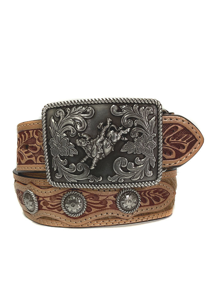 3D D120002302 Kids Hand Tooled Calf Hair And Conchos Belt Brown front view. If you need any assistance with this item or the purchase of this item please call us at five six one seven four eight eight eight zero one Monday through Saturday 10:00a.m EST to 8:00 p.m EST