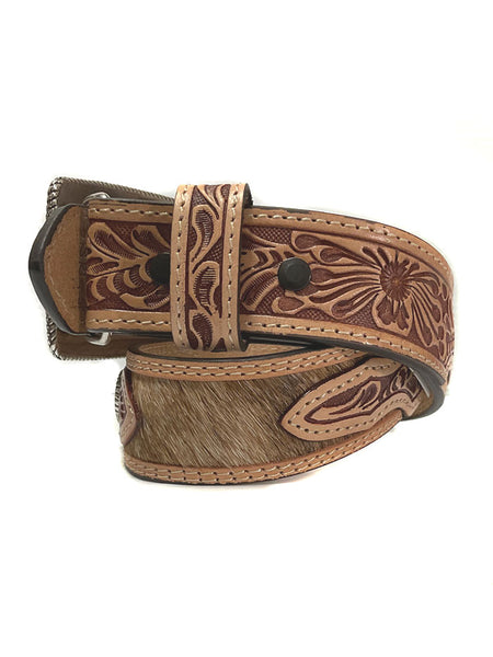 3D D120002302 Kids Hand Tooled Calf Hair And Conchos Belt Brown side view. If you need any assistance with this item or the purchase of this item please call us at five six one seven four eight eight eight zero one Monday through Saturday 10:00a.m EST to 8:00 p.m EST