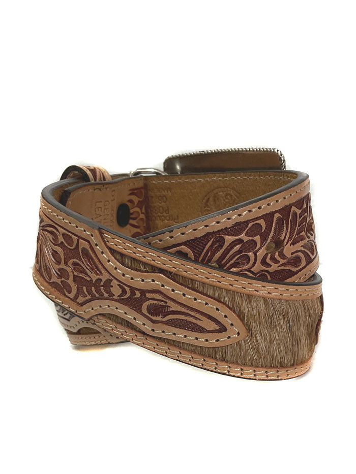 3D D120002302 Kids Hand Tooled Calf Hair And Conchos Belt Brown front view. If you need any assistance with this item or the purchase of this item please call us at five six one seven four eight eight eight zero one Monday through Saturday 10:00a.m EST to 8:00 p.m EST