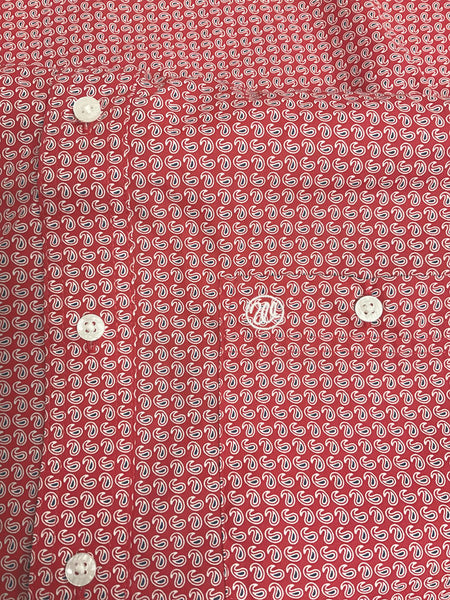 Wrangler 112324791 Mens Long Sleeve Western Shirt Red close up. If you need any assistance with this item or the purchase of this item please call us at five six one seven four eight eight eight zero one Monday through Saturday 10:00a.m EST to 8:00 p.m EST