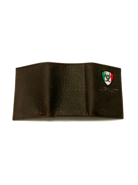 Ariat A35492282 Mens Trifold Wallet Mexico Flag Logo Brown back view open. If you need any assistance with this item or the purchase of this item please call us at five six one seven four eight eight eight zero one Monday through Saturday 10:00a.m EST to 8:00 p.m EST