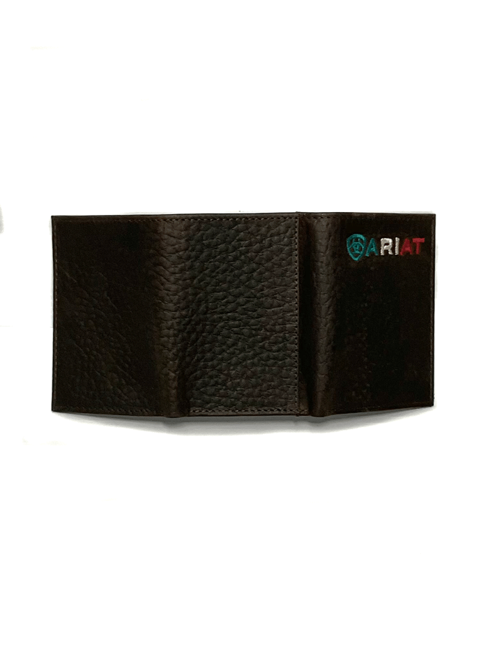 Ariat A35508282 Mens Trifold Wallet Logo Mexico Brown front view folded. If you need any assistance with this item or the purchase of this item please call us at five six one seven four eight eight eight zero one Monday through Saturday 10:00a.m EST to 8:00 p.m EST