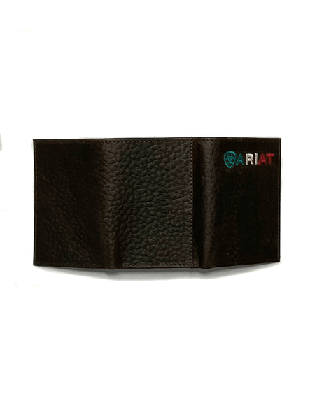 Ariat A35508282 Mens Trifold Wallet Logo Mexico Brown back view open. If you need any assistance with this item or the purchase of this item please call us at five six one seven four eight eight eight zero one Monday through Saturday 10:00a.m EST to 8:00 p.m EST