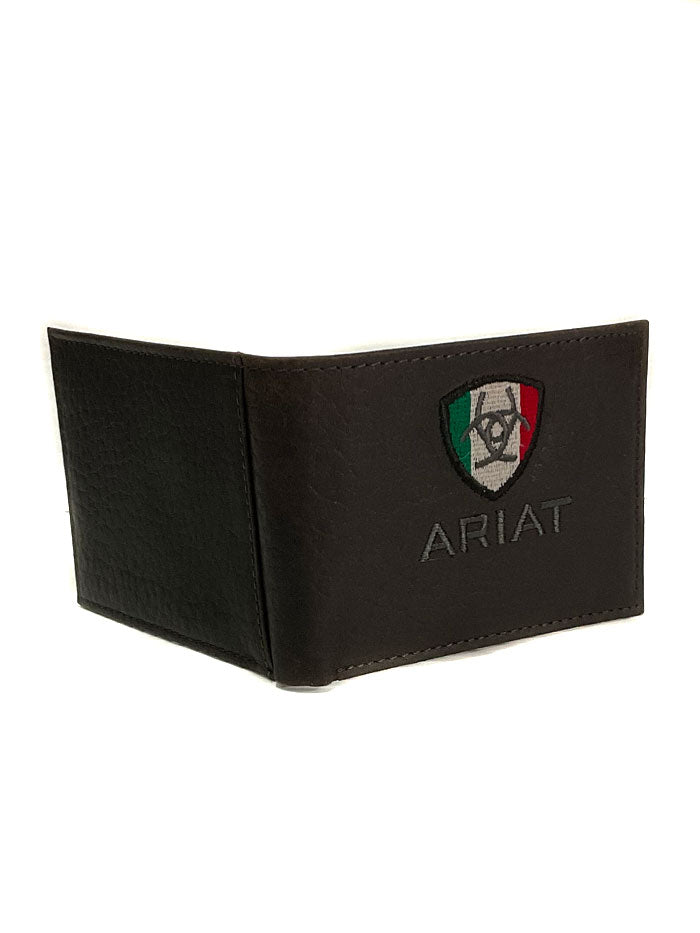 Ariat A35493282 Mens Bifold Wallet Mexico Flag Logo Brown Rowdy front view. If you need any assistance with this item or the purchase of this item please call us at five six one seven four eight eight eight zero one Monday through Saturday 10:00a.m EST to 8:00 p.m EST