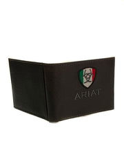 Ariat A35493282 Mens Bifold Wallet Mexico Flag Logo Brown Rowdy front view open. If you need any assistance with this item or the purchase of this item please call us at five six one seven four eight eight eight zero one Monday through Saturday 10:00a.m EST to 8:00 p.m EST