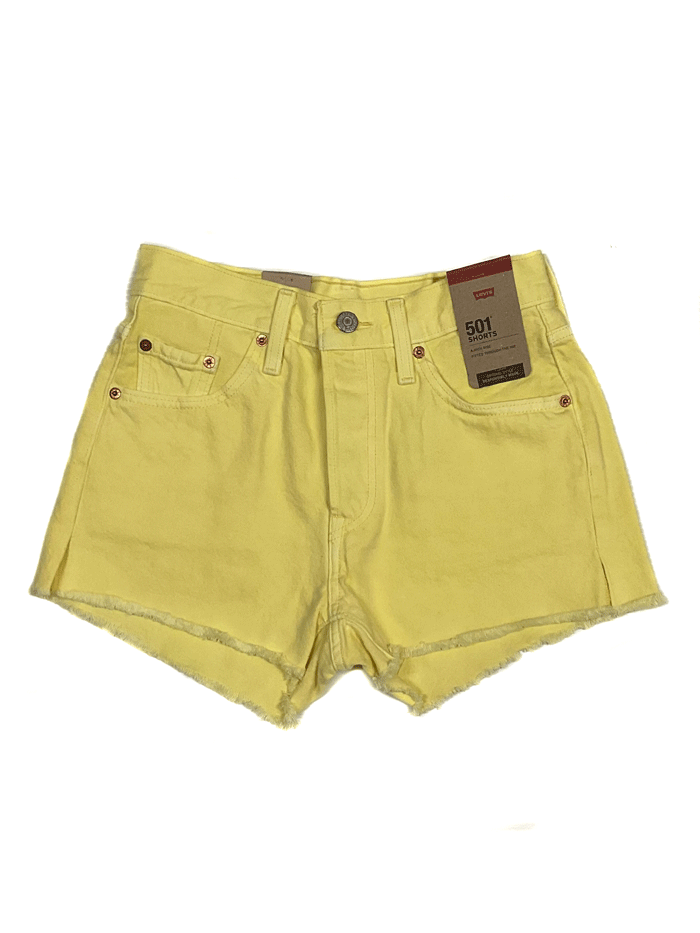 Levi's 563270328 Womens 501 Original Shorts Light Yellow front view open. If you need any assistance with this item or the purchase of this item please call us at five six one seven four eight eight eight zero one Monday through Saturday 10:00a.m EST to 8:00 p.m EST
