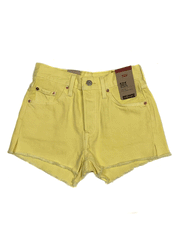 Levi's 563270328 Womens 501 Original Shorts Light Yellow front view closed.If you need any assistance with this item or the purchase of this item please call us at five six one seven four eight eight eight zero one Monday through Saturday 10:00a.m EST to 8:00 p.m EST