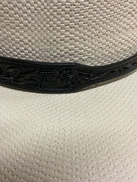 Fashionwest LC69-BK Leather Hatband Black on hat close up view of leather. If you need any assistance with this item or the purchase of this item please call us at five six one seven four eight eight eight zero one Monday through Saturday 10:00a.m EST to 8:00 p.m EST