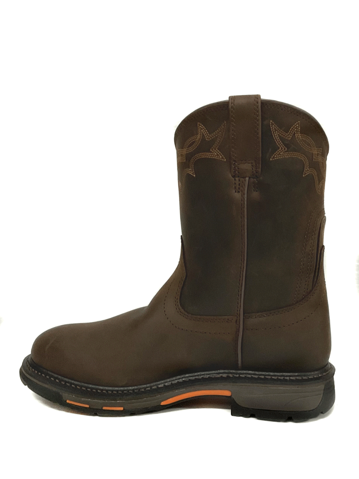 Ariat 10008633 Mens WorkHog Waterproof Work Boot Oily Distressed Brown front and side view.If you need any assistance with this item or the purchase of this item please call us at five six one seven four eight eight eight zero one Monday through Saturday 10:00a.m EST to 8:00 p.m EST