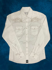Wrangler 112326338 Mens Rock 47 Snap Long Sleeve Shirt White front view. If you need any assistance with this item or the purchase of this item please call us at five six one seven four eight eight eight zero one Monday through Saturday 10:00a.m EST to 8:00 p.m EST