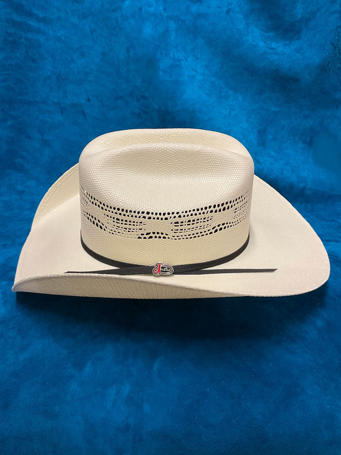 Justin JS0156BANG 10X BANGORA Straw Cowboy Hat Ivory side front view. If you need any assistance with this item or the purchase of this item please call us at five six one seven four eight eight eight zero one Monday through Saturday 10:00a.m EST to 8:00 p.m EST