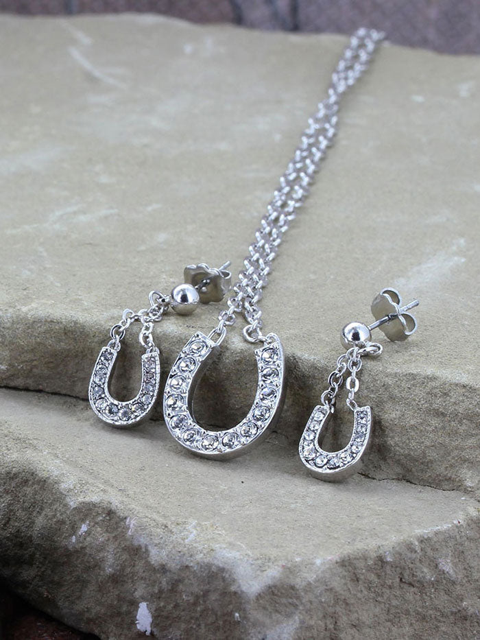 Montana Silversmiths JS808 Lucky Horseshoe Rhinestone Jewelry Set. If you need any assistance with this item or the purchase of this item please call us at five six one seven four eight eight eight zero one Monday through Saturday 10:00a.m EST to 8:00 p.m EST