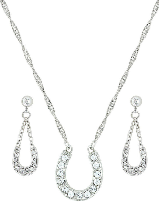 Montana Silversmiths JS808 Lucky Horseshoe Rhinestone Jewelry Set. If you need any assistance with this item or the purchase of this item please call us at five six one seven four eight eight eight zero one Monday through Saturday 10:00a.m EST to 8:00 p.m EST