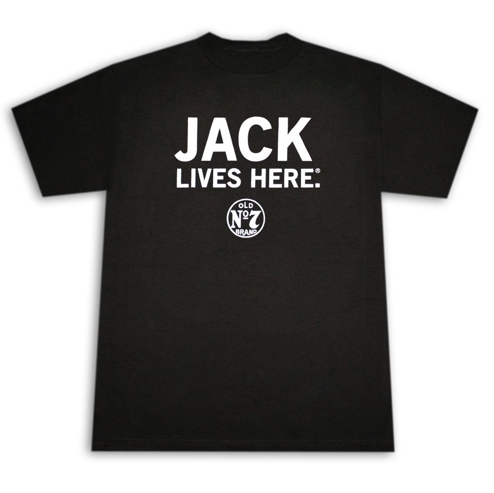 Ely Cattleman 15261500JD-89 Mens Jack Daniel's JACK LIVES HERE T-Shirt Black front view. If you need any assistance with this item or the purchase of this item please call us at five six one seven four eight eight eight zero one Monday through Saturday 10:00a.m EST to 8:00 p.m EST