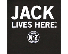 Ely Cattleman 15261500JD-89 Mens Jack Daniel's JACK LIVES HERE T-Shirt Black logo close up. If you need any assistance with this item or the purchase of this item please call us at five six one seven four eight eight eight zero one Monday through Saturday 10:00a.m EST to 8:00 p.m EST