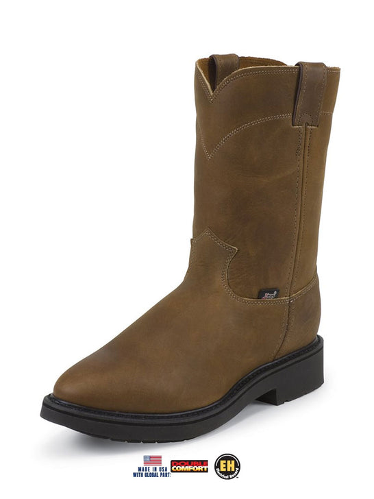 Justin 4760 Mens 10" Pull-On Original Work Boots Conductor Brown side / front view. If you need any assistance with this item or the purchase of this item please call us at five six one seven four eight eight eight zero one Monday through Saturday 10:00a.m EST to 8:00 p.m EST