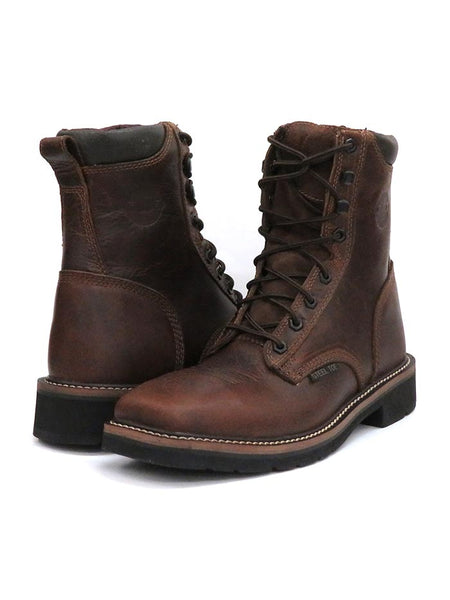 Justin WK682 SE682 Mens Stampede Steel Toe Laced Up Work Boots Rugged Tan front side and back view. If you need any assistance with this item or the purchase of this item please call us at five six one seven four eight eight eight zero one Monday through Saturday 10:00a.m EST to 8:00 p.m EST