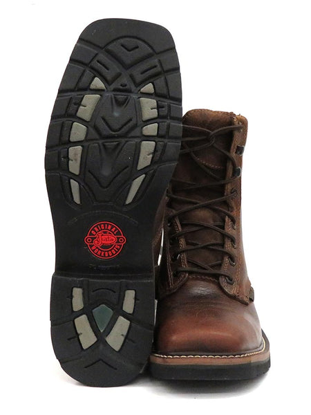 Justin WK682 SE682 Mens Stampede Steel Toe Laced Up Work Boots Rugged Tan front and sole view. If you need any assistance with this item or the purchase of this item please call us at five six one seven four eight eight eight zero one Monday through Saturday 10:00a.m EST to 8:00 p.m EST
