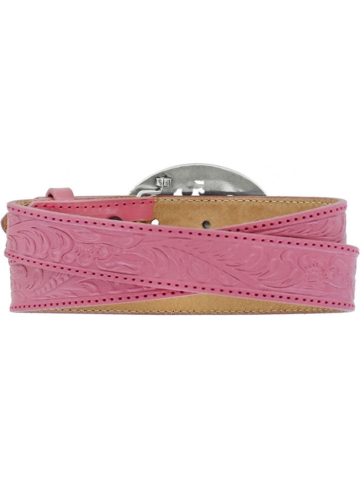 Justin C30201 Kids Lil Beauty Leather Belt With Horse Buckle Pink front view. If you need any assistance with this item or the purchase of this item please call us at five six one seven four eight eight eight zero one Monday through Saturday 10:00a.m EST to 8:00 p.m EST