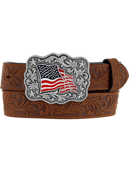 Justin C30219 Kids American Pride Leather Belt Brown front view. If you need any assistance with this item or the purchase of this item please call us at five six one seven four eight eight eight zero one Monday through Saturday 10:00a.m EST to 8:00 p.m EST