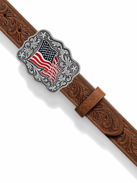 Justin C30219 Kids American Pride Leather Belt Brown buckle view. If you need any assistance with this item or the purchase of this item please call us at five six one seven four eight eight eight zero one Monday through Saturday 10:00a.m EST to 8:00 p.m EST