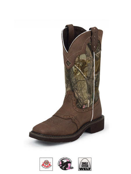 Justin L9609 Womens Gypsy Western Boot Camo side / front view. If you need any assistance with this item or the purchase of this item please call us at five six one seven four eight eight eight zero one Monday through Saturday 10:00a.m EST to 8:00 p.m EST