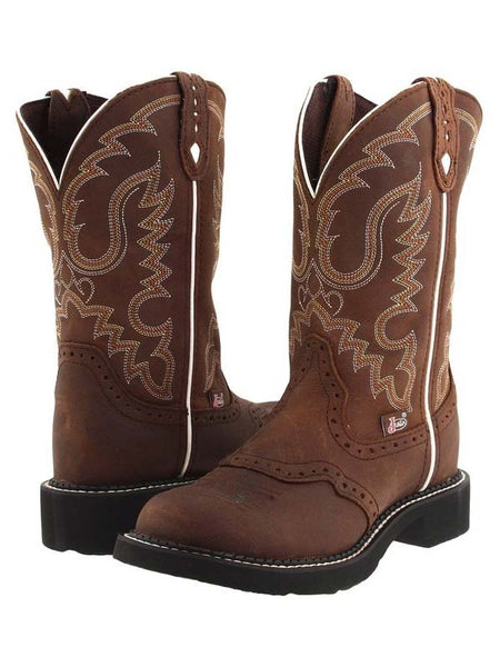 Justin L9909 Womens Gypsy Round Toe Western Boot Aged Bark side / front / back view pair. If you need any assistance with this item or the purchase of this item please call us at five six one seven four eight eight eight zero one Monday through Saturday 10:00a.m EST to 8:00 p.m EST