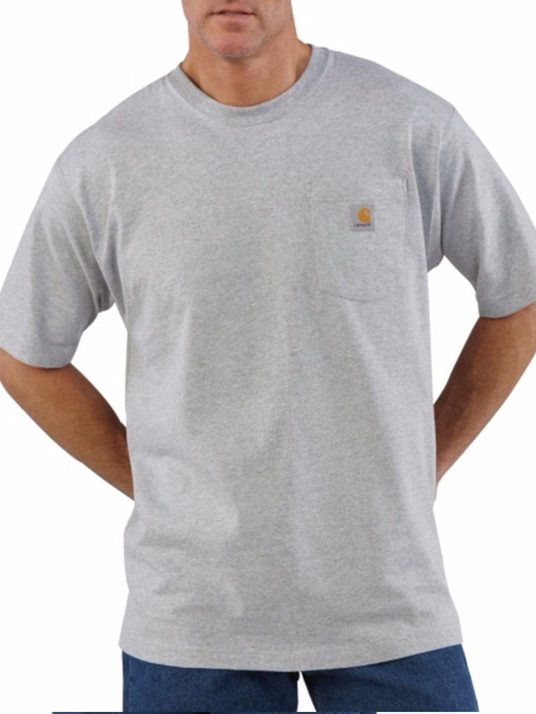 Carhartt K87-HGY Mens Loose Fit Heavyweight Short-Sleeve Pocket T-Shirt Heather Gray front view. If you need any assistance with this item or the purchase of this item please call us at five six one seven four eight eight eight zero one Monday through Saturday 10:00a.m EST to 8:00 p.m EST