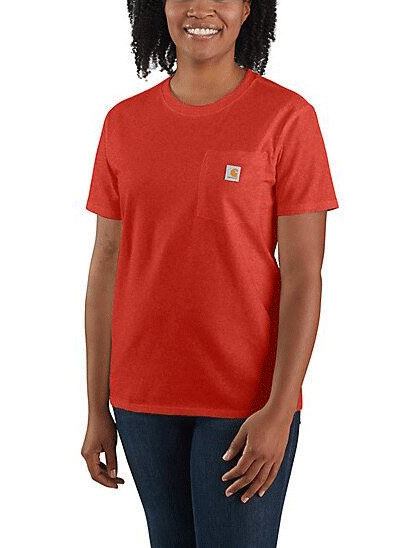 Carhartt 103067-R66 Womens Heavyweight Pocket T-Shirt Chilli Pepper Heather front view. If you need any assistance with this item or the purchase of this item please call us at five six one seven four eight eight eight zero one Monday through Saturday 10:00a.m EST to 8:00 p.m EST