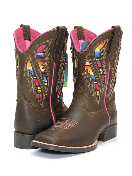Ariat 100027306 Kids Quickdraw VentTEK Inlay Western Boots Brown Serape pair. If you need any assistance with this item or the purchase of this item please call us at five six one seven four eight eight eight zero one Monday through Saturday 10:00a.m EST to 8:00 p.m EST