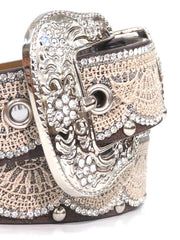 Angel Ranch A3652 Kids Tan Lace Clear Crystals Studs Belt Brown close up of buckle. If you need any assistance with this item or the purchase of this item please call us at five six one seven four eight eight eight zero one Monday through Saturday 10:00a.m EST to 8:00 p.m EST