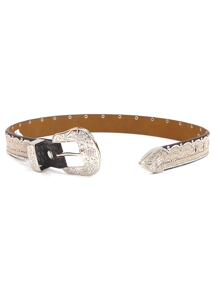 Angel Ranch A3652 Kids Tan Lace Clear Crystals Studs Belt Brown front view. If you need any assistance with this item or the purchase of this item please call us at five six one seven four eight eight eight zero one Monday through Saturday 10:00a.m EST to 8:00 p.m EST