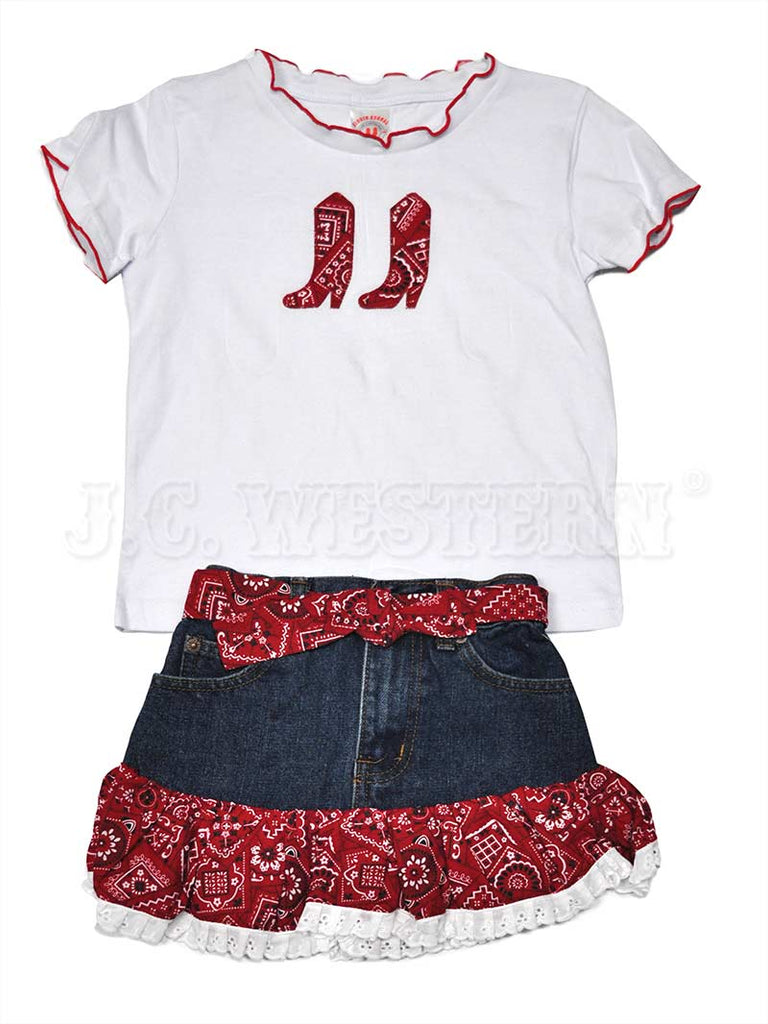 Kiddie Korral KK10-RED Kids Cowgirl Denim 2-Piece Red front view. If you need any assistance with this item or the purchase of this item please call us at five six one seven four eight eight eight zero one Monday through Saturday 10:00a.m EST to 8:00 p.m EST