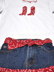 Kiddie Korral Style10 Kids Cowgirl Denim 2 Piece Red Bandana Denim front close up. If you need any assistance with this item or the purchase of this item please call us at five six one seven four eight eight eight zero one Monday through Saturday 10:00a.m EST to 8:00 p.m EST