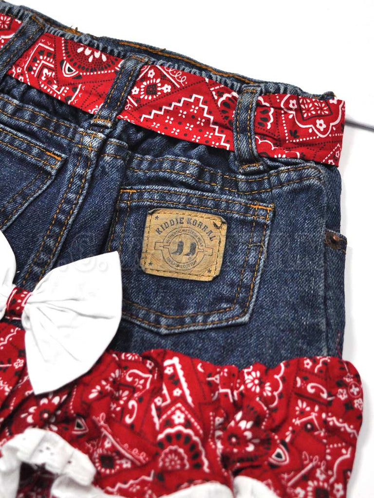 Kiddie Korral Style10 Kids Cowgirl Denim 2 Piece Red Bandana Denim front view on model. If you need any assistance with this item or the purchase of this item please call us at five six one seven four eight eight eight zero one Monday through Saturday 10:00a.m EST to 8:00 p.m EST
