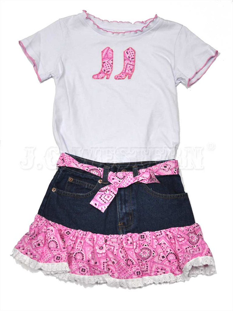 Kiddie Korral Style15 Kids Cowgirl Denim 2 Piece Pink Bandana Denim front view on model. If you need any assistance with this item or the purchase of this item please call us at five six one seven four eight eight eight zero one Monday through Saturday 10:00a.m EST to 8:00 p.m EST