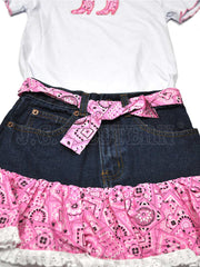 Kiddie Korral Style15 Kids Cowgirl Denim 2 Piece Pink Bandana Denim front close up. If you need any assistance with this item or the purchase of this item please call us at five six one seven four eight eight eight zero one Monday through Saturday 10:00a.m EST to 8:00 p.m EST