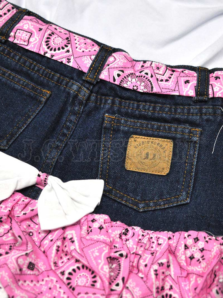 Kiddie Korral Style15 Kids Cowgirl Denim 2 Piece Pink Bandana Denim front view on model. If you need any assistance with this item or the purchase of this item please call us at five six one seven four eight eight eight zero one Monday through Saturday 10:00a.m EST to 8:00 p.m EST