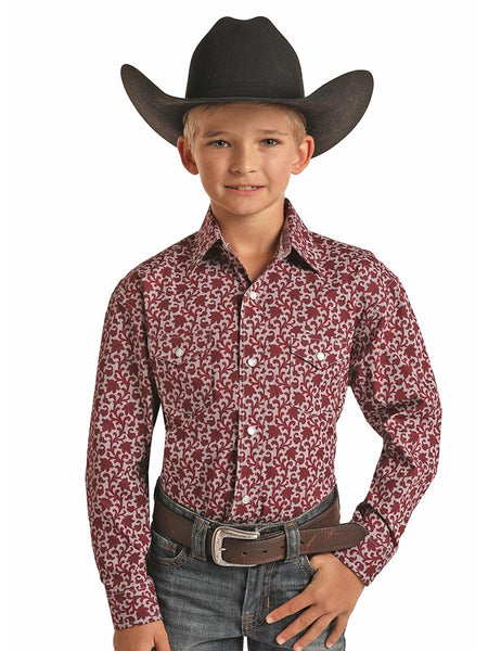 Panhandle C0S1614 Kids Long Sleeve Print Western Snap Shirts Maroon Front