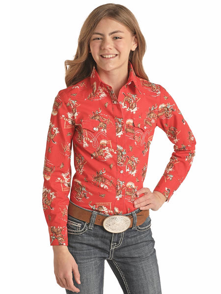 Panhandle C6S2143 Kids Cowboy Print Long Sleeve Snap Shirt Red front
