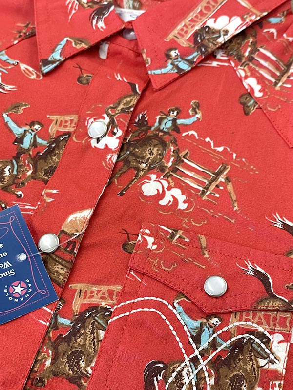 Panhandle C6S2143 Kids Cowboy Print Long Sleeve Snap Shirt Red front. If you need any assistance with this item or the purchase of this item please call us at five six one seven four eight eight eight zero one Monday through Saturday 10:00a.m EST to 8:00 p.m EST