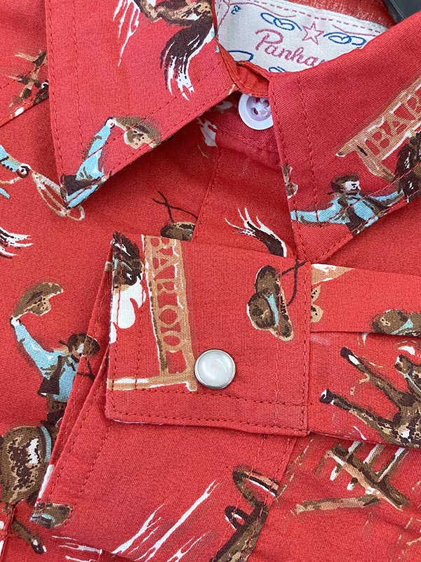 Panhandle C6S2143 Kids Cowboy Print Long Sleeve Snap Shirt Red front. If you need any assistance with this item or the purchase of this item please call us at five six one seven four eight eight eight zero one Monday through Saturday 10:00a.m EST to 8:00 p.m EST