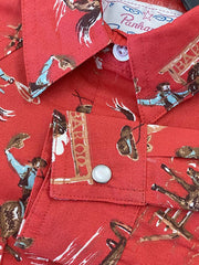 Panhandle C6S2143 Kids Cowboy Print Long Sleeve Snap Shirt Red collar. If you need any assistance with this item or the purchase of this item please call us at five six one seven four eight eight eight zero one Monday through Saturday 10:00a.m EST to 8:00 p.m EST