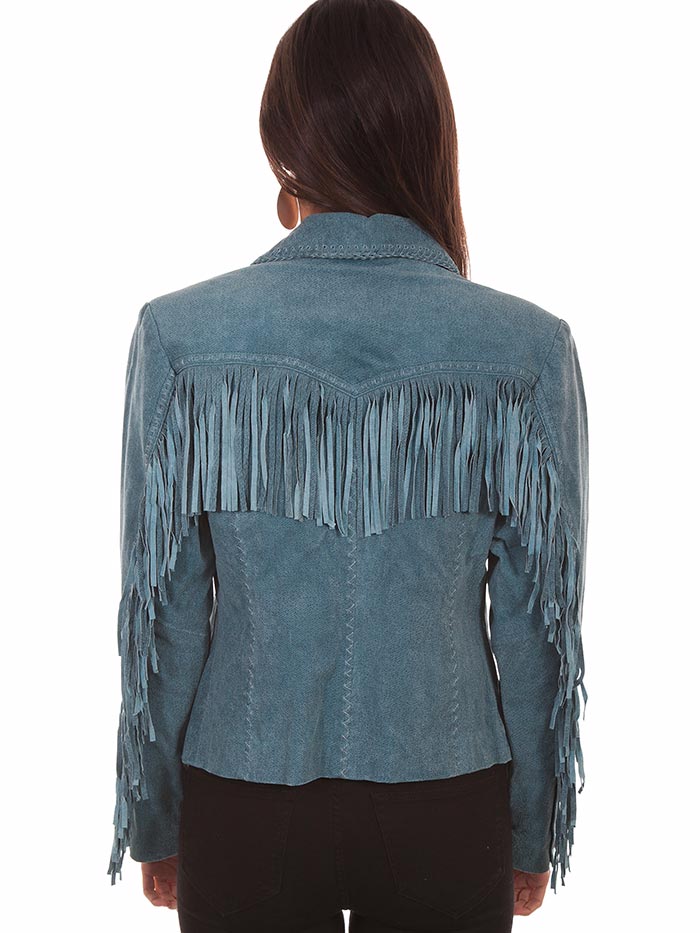 Scully L1016-193 Womens Soft Suede Fringe Western Jacket Denim front view. If you need any assistance with this item or the purchase of this item please call us at five six one seven four eight eight eight zero one Monday through Saturday 10:00a.m EST to 8:00 p.m EST