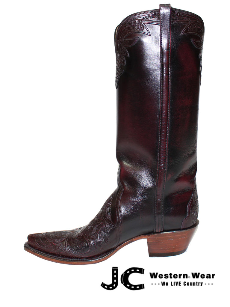 Lucchese L4664.54 Womens Classic  Hand Tooled Boots Black Cherry front and side view pair. If you need any assistance with this item or the purchase of this item please call us at five six one seven four eight eight eight zero one Monday through Saturday 10:00a.m EST to 8:00 p.m EST