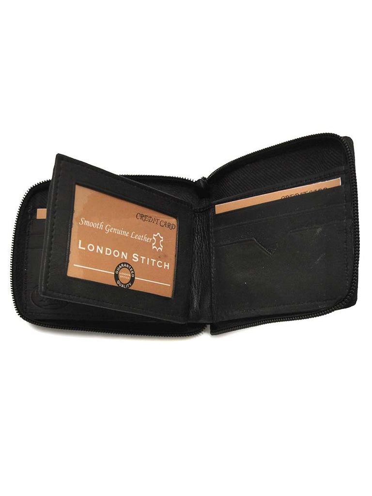 London Stitch LS392 Mens Leather Zip Around Wallet Black closed view. If you need any assistance with this item or the purchase of this item please call us at five six one seven four eight eight eight zero one Monday through Saturday 10:00a.m EST to 8:00 p.m EST