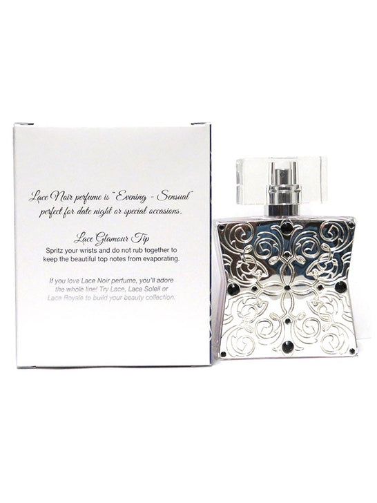 Tru Fragrance 92080 Womens Lace Noir Western Eau de Parfum back of bottle and box. If you need any assistance with this item or the purchase of this item please call us at five six one seven four eight eight eight zero one Monday through Saturday 10:00a.m EST to 8:00 p.m EST