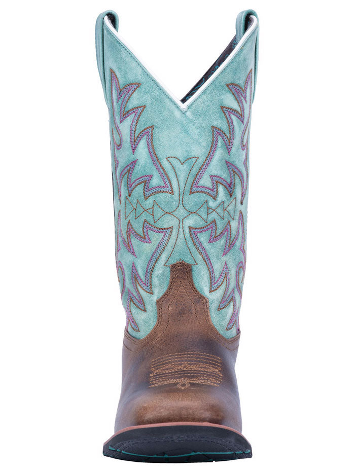 Laredo 5607 Womens Anita Square Toe Western Boot Brown Turquoise side and front view. If you need any assistance with this item or the purchase of this item please call us at five six one seven four eight eight eight zero one Monday through Saturday 10:00a.m EST to 8:00 p.m EST