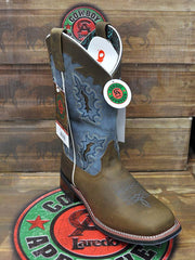 Laredo 5666 Womens Isla Square Toe Cowgirl Boots Tan Blue front -side view on box. If you need any assistance with this item or the purchase of this item please call us at five six one seven four eight eight eight zero one Monday through Saturday 10:00a.m EST to 8:00 p.m EST
